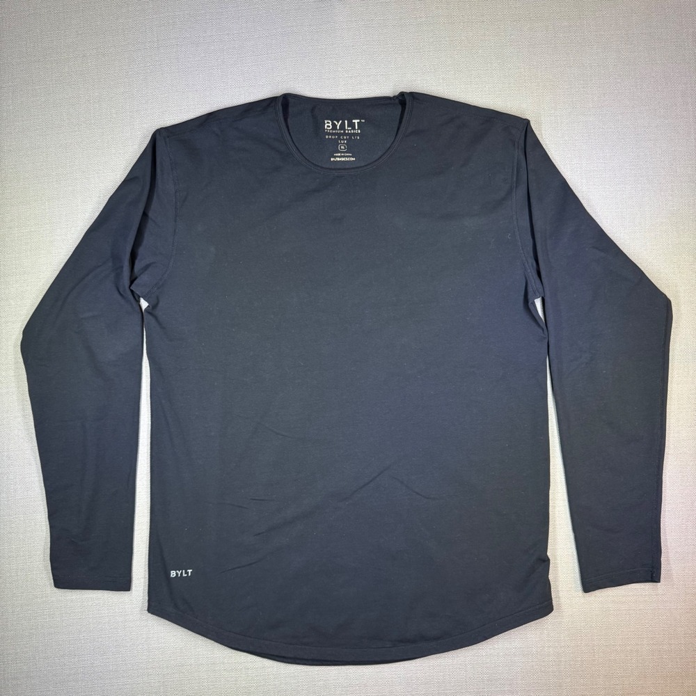 BYLT Premium Basics Mens XL Black LUX Drop Cut Long Sleeve Shirt Curved Hem
